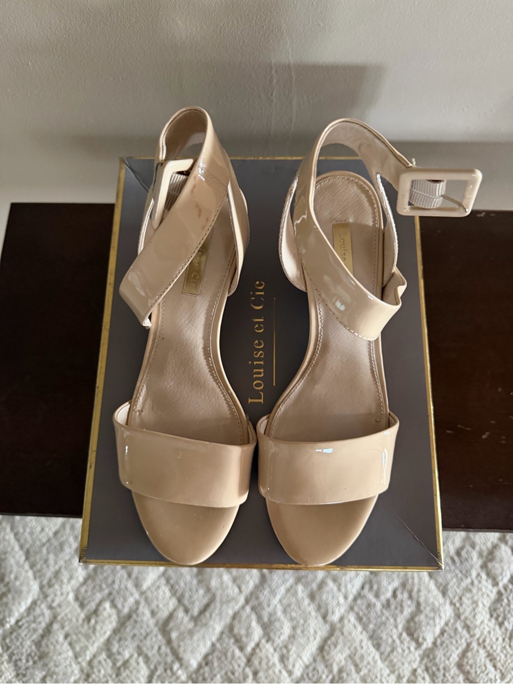Louise et Cie Nude Patent Wedge Sandals with Ankle Strap